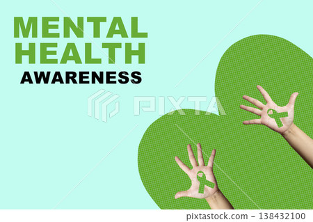 Mental health awareness graphic with hands showing green ribbons, a dotted heart shape, and bold text on a light green background. Perfect for advocacy and support campaigns 138432100