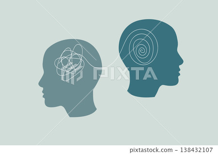 Two human head silhouettes illustrating the psychological process of unraveling tangled thoughts into a clear spiral, representing therapy, counseling, and mental health recovery Two human head silhouettes illustrating the psychological process of unraveling tangled thoughts into a clear spiral, representing therapy, counseling, and mental health recovery 138432107
