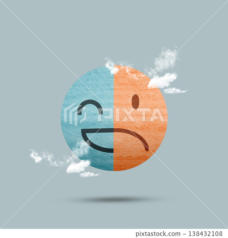 A conceptual illustration of a split face depicting happy and sad emotions, symbolizing bipolar disorder, mood swings, or dual personality. Features blue and orange textures and floating clouds A conceptual illustration of a split face depicting happy and sad emotions, symbolizing bipolar disorder, mood swings, or dual personality. Features blue and orange textures and floating clouds 138432108