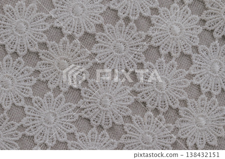Macro photo of white floral embroidery on a grey linen background. The delicate lace-like flower pattern creates a sophisticated, textured surface with a rustic yet elegant feel 138432151