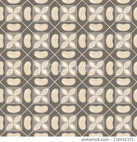 Seamless pattern of white kidney beans on geometric grid. Minimalist vector icons, flat simple design. Perfect for organic packaging, vegan labels, textile prints, wellness branding Seamless pattern of white kidney beans on geometric grid. Minimalist vector icons, flat simple design. Perfect for organic packaging, vegan labels, textile prints, wellness branding 138432331