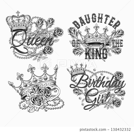 Set of black and white labels with crown, heart, roses, pearl necklace, text. Luxury kitsch design. Detailed composition in vintage style on white background Set of black and white labels with crown, heart, roses, pearl necklace, text. Luxury kitsch design. Detailed composition in vintage style on white background 138432332