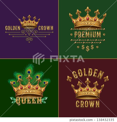 Set of luxury labels with golden crown, jewelry gold chains, text. Detailed composition in vintage style. 138432335
