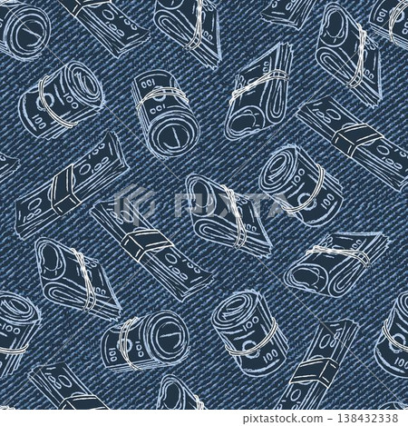 Seamless pattern with falling, flying rolled up dollar notes, stacks, wads. Outline illustrations on blue denim texture. Grunge style. Print for apparel, textile design 138432338