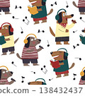 Playful seamless pattern with cute cartoon dogs singing, reading, and listening to music. Whimsical flat style with musical notes, cozy outfits, and soft textures perfect for kids products, textiles 138432437