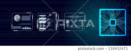 Futuristic technology interface with glowing CPU microchip and data analysis HUD on a dark blue background Futuristic technology interface with glowing CPU microchip and data analysis HUD on a dark blue background 138432471