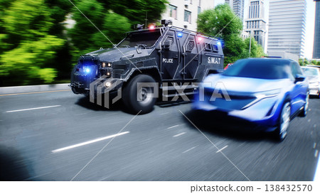 An swat police driving fast on a city street. 3d rendering. 138432570