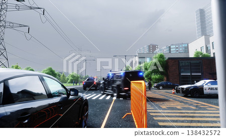 An swat police driving fast on a city street. 3d rendering. 138432572