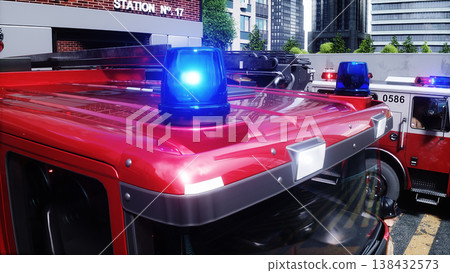 fire truck near the fire station. Fire department. 3d rendering. 138432573
