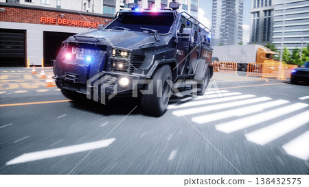 An swat police driving fast on a city street. 3d rendering. An swat police driving fast on a city street. 3d rendering. 138432575