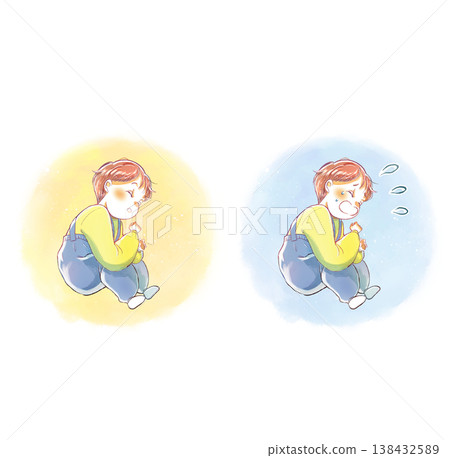 A set of images: a sleeping child and a crying child. 138432589