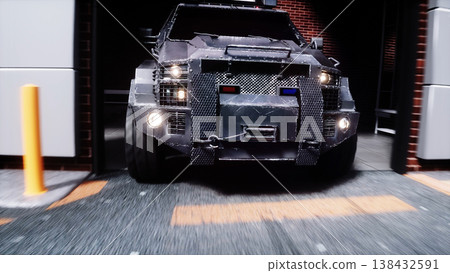 An swat police driving fast on a city street. 3d rendering. An swat police driving fast on a city street. 3d rendering. 138432591
