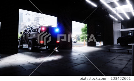 An swat police driving fast on a city street. 3d rendering. 138432601