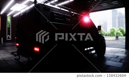 An swat police driving fast on a city street. 3d rendering. An swat police driving fast on a city street. 3d rendering. 138432604