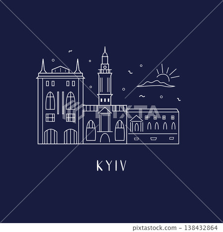Kyiv landmarks skyline in line style vector illustration, greeting card 138432864