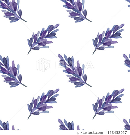 Seamless watercolor pattern featuring purple lavender sprigs in botanical hand-drawn style, on white background, ideal for Provence-themed textiles, aromatherapy branding, and elegant wallpapers Seamless watercolor pattern featuring purple lavender sprigs in botanical hand-drawn style, on white background, ideal for Provence-themed textiles, aromatherapy branding, and elegant wallpapers 138432937