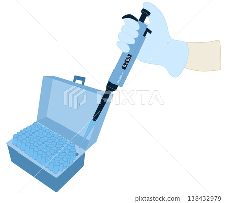 Hand Attaching Disposable Plastic Tip to Micropipette from Storage Box 138432979