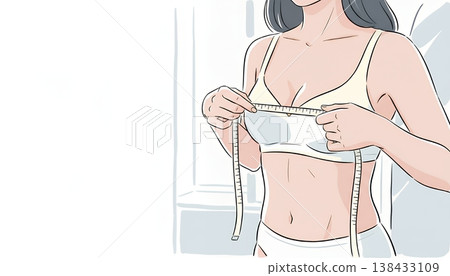 一位女士在家用捲尺測量胸圍。 138433109