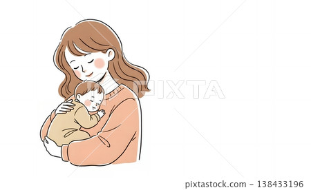 一位母親溫柔地抱著熟睡的寶寶，倍感疼愛。 138433196