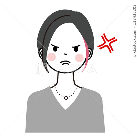 一位留著齊耳短髮並挑染了內層頭髮的女子；一位表情憤怒的女子。 138433202