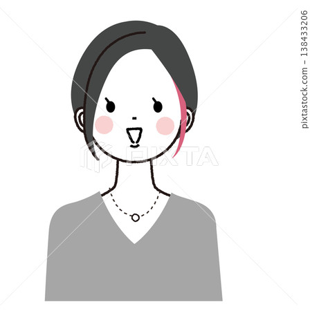 A woman with a short bob haircut and inner highlights; a woman with a cheerful smile. A woman with a short bob haircut and inner highlights; a woman with a cheerful smile. 138433206