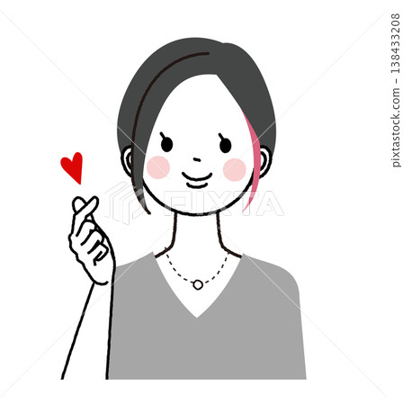 A woman with a short bob haircut and inner highlights, making a heart shape with her fingers. A woman with a short bob haircut and inner highlights, making a heart shape with her fingers. 138433208
