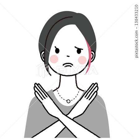 A woman with a short bob haircut and inner highlights; another woman making an "X" sign with her hands. A woman with a short bob haircut and inner highlights; another woman making an "X" sign with her hands. 138433210