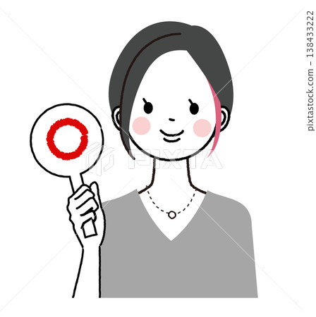 A woman with a short bob haircut and inner highlights; another woman smiling and holding up a circle sign. A woman with a short bob haircut and inner highlights; another woman smiling and holding up a circle sign. 138433222