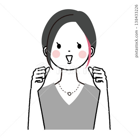 A woman with a short bob haircut and inner highlights is cheering with both hands raised in a victory pose. A woman with a short bob haircut and inner highlights is cheering with both hands raised in a victory pose. 138433226