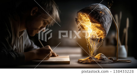 Creative writer deeply focused under shimmering old lamp in silent nocturnal ambiance 138433228