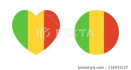 Mali heart shaped, round country flag icon, sticker. National Mali heart, circle flag badge, button. Republic of Mali circular, heart shapes banner, background. 138433237