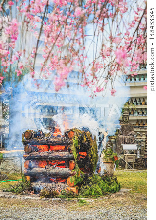 奈良吉野山傳統的春季景色,在花祭期間,護摩火祭儀式和櫻花競相綻放。 奈良吉野山傳統的春季景色,在花祭期間,護摩火祭儀式和櫻花競相綻放。 138433345
