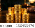 The image of wealth and success from accumulating gold coins and managing assets. 138433479