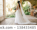 Elegant bride's back view: wedding dress and veil 138433485