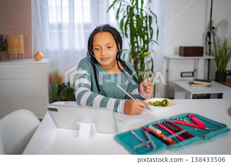 Young student eating kiwi fruit during online class Young student eating kiwi fruit during online class 138433506