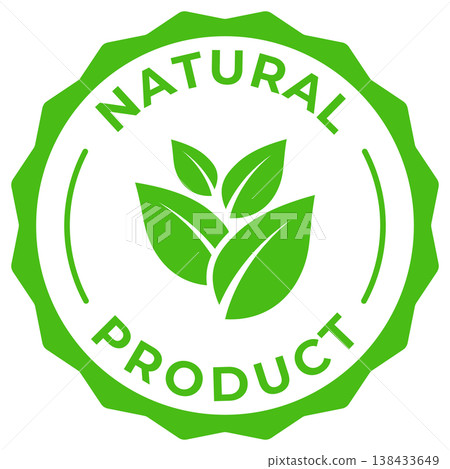 Natural product label vector icon illustration for product package. Organic ecological pure green logo, symbol, badge, tag, stamp, seal, sticker, mark, tag or emblem isolated. 138433649