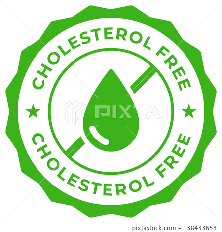 Cholesterol free label vector icon illustration for product package. Low cholesterol green logo, symbol, badge, tag or emblem isolated. Zero trans fat free stamp, seal, sticker, mark or tag. Cholesterol free label vector icon illustration for product package. Low cholesterol green logo, symbol, badge, tag or emblem isolated. Zero trans fat free stamp, seal, sticker, mark or tag. 138433653
