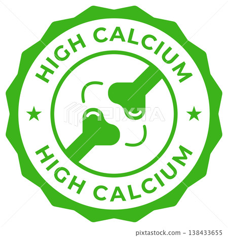 High calcium label vector icon illustration for product package. High calcium green logo, symbol, badge, tag or emblem isolated. Rich source of minerals stamp, seal, sticker, mark or tag. High calcium label vector icon illustration for product package. High calcium green logo, symbol, badge, tag or emblem isolated. Rich source of minerals stamp, seal, sticker, mark or tag. 138433655