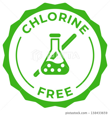 Chlorine free label vector icon illustration for product package. Chlorine free green logo, symbol, badge, tag or emblem isolated. No chloride stamp, seal, sticker, mark or tag. Chlorine free label vector icon illustration for product package. Chlorine free green logo, symbol, badge, tag or emblem isolated. No chloride stamp, seal, sticker, mark or tag. 138433659