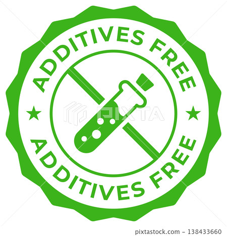 Additives free label vector icon illustration for product package. Additives free green logo, symbol, badge, tag or emblem isolated. No added chemicals stamp, seal, sticker, mark or tag. Additives free label vector icon illustration for product package. Additives free green logo, symbol, badge, tag or emblem isolated. No added chemicals stamp, seal, sticker, mark or tag. 138433660