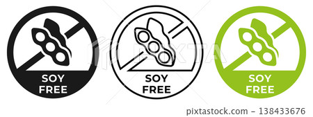 Soy free icon. Zero beans forbidden label. Soy free ban or prohibition logo, illustration, badge, symbol, stamp, sticker, emblem or seal isolated. 138433676