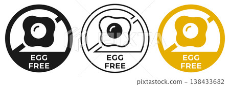 Egg free icon. Eggs free forbidden label. Ban or prohibition logo, illustration, badge, symbol, stamp, sticker, emblem or seal isolated. Egg free icon. Eggs free forbidden label. Ban or prohibition logo, illustration, badge, symbol, stamp, sticker, emblem or seal isolated. 138433682