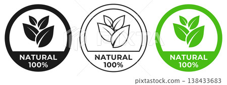 Natural icon. 100 organic illustration sign. Vegetarian logo, badge or symbol. Chemicals free stamp, logo, logotype, sticker, emblem, mark or seal isolated. Natural icon. 100 organic illustration sign. Vegetarian logo, badge or symbol. Chemicals free stamp, logo, logotype, sticker, emblem, mark or seal isolated. 138433683
