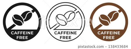 Caffeine free icon. Caffeine free forbidden label. Decaf ban or prohibition logo, illustration, badge, symbol, stamp, sticker, emblem or seal isolated. 138433684