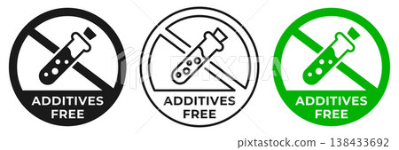 Additives free icon. Additives forbidden label. No chemicals ban or prohibition logo, illustration, badge, symbol, stamp, sticker, emblem or seal isolated. 138433692