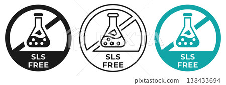 SLS and SLES free icon. Paraffin, paraben and sulfate forbidden label. No chemicals ban or prohibition logo, illustration, badge, symbol, stamp, sticker, emblem or seal isolated. SLS and SLES free icon. Paraffin, paraben and sulfate forbidden label. No chemicals ban or prohibition logo, illustration, badge, symbol, stamp, sticker, emblem or seal isolated. 138433694
