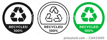 Recycled icon. Made from recycled materials symbol. Zero waste sign. Reused plastic and paper label isolated. Recycled icon. Made from recycled materials symbol. Zero waste sign. Reused plastic and paper label isolated. 138433695