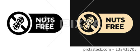 Peanuts free icon. No nuts label. Allergen free illustration, logo, symbol, sign, stamp, tag, emblem, mark or seal for product packaging isolated. Peanuts free icon. No nuts label. Allergen free illustration, logo, symbol, sign, stamp, tag, emblem, mark or seal for product packaging isolated. 138433703