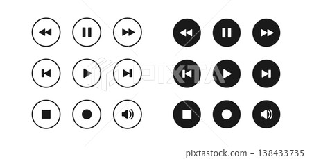 Play and pause vector icon set. Media player buttons. Audio or video multimedia symbols. Digital control signs isolated. Outline rounded black sound and volume panel. 138433735