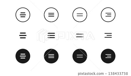 Hamburger menu buttons vector icon set. Web or mobile app navigation interface simple line signs. Website or application creative UI design elements isolated. Circle outline burger menu. 138433738